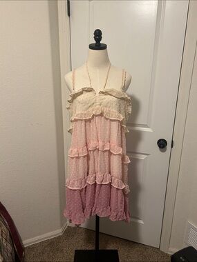 Pink Tiered Spaghetti-Strap Bohemian Cottagecore Dress Size XL